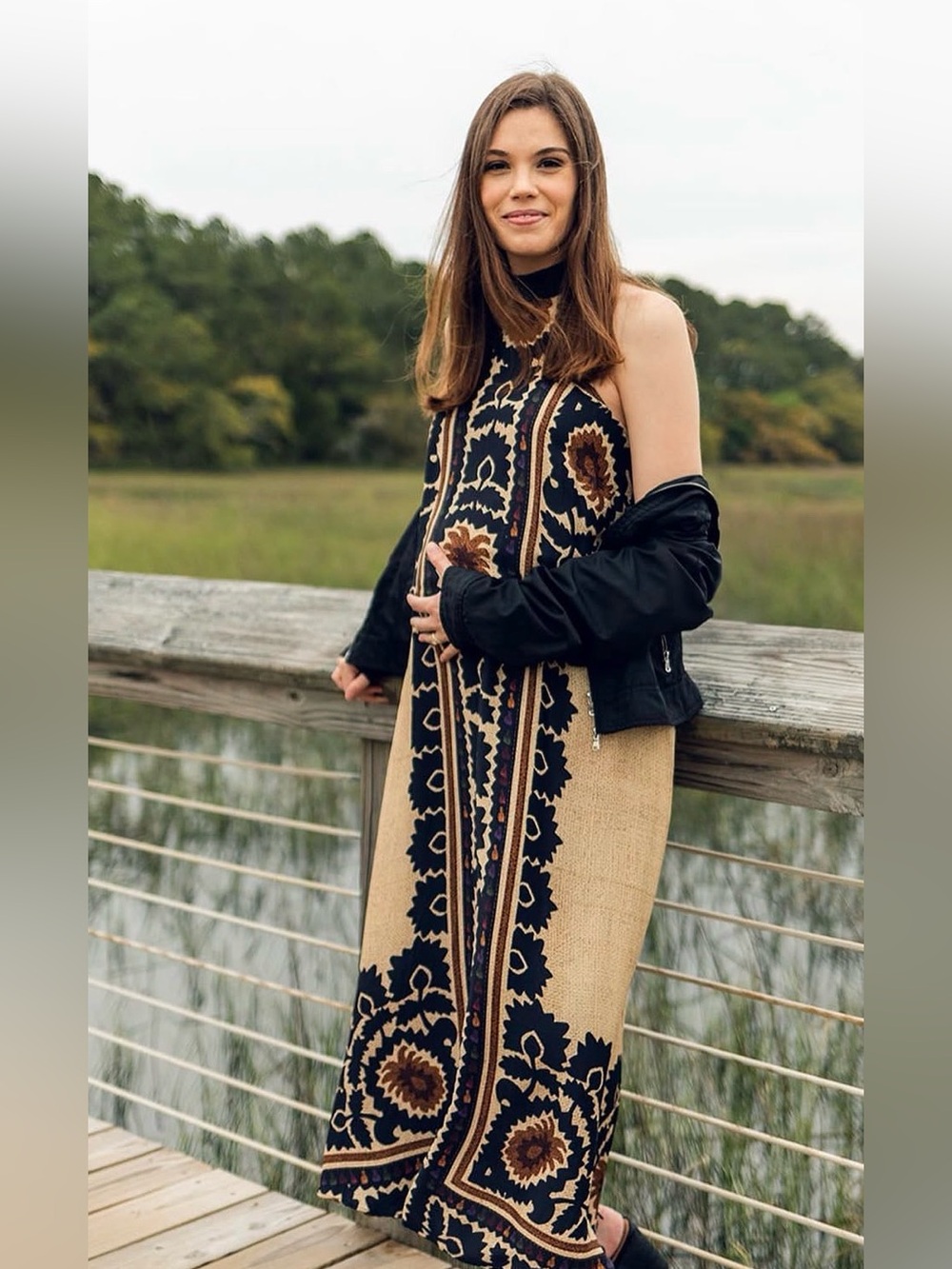 Farm Rio Halter Maxi Dress Sleeveless Floral Scarf Print Beige Orange Med - Picture 7 of 13